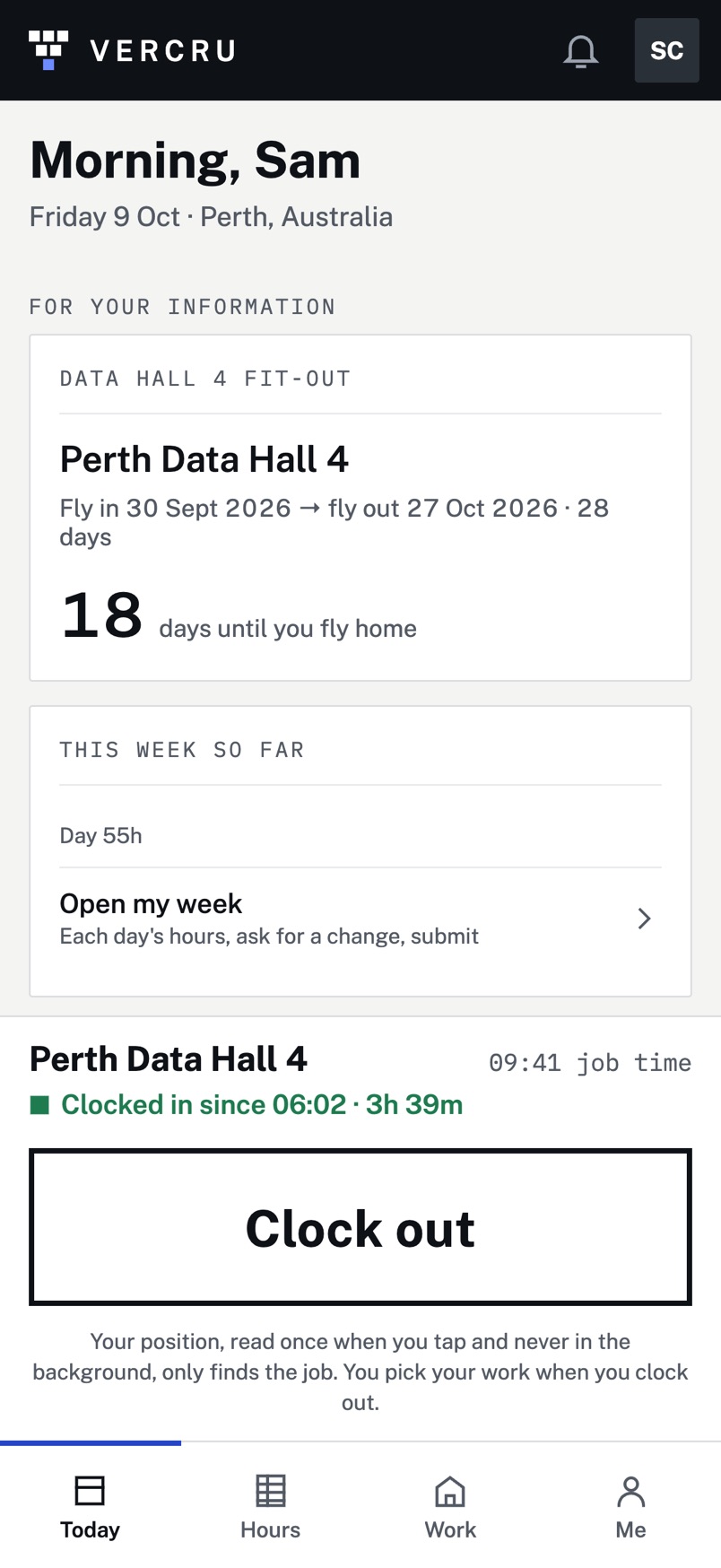 The Vercru app on Today: clocked in at a demo job, with the days until the flight home and this week’s hours.