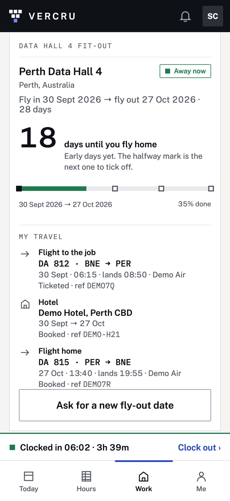 The Vercru app showing a demo worker’s trip: stint dates, the flight to the job, the hotel and the flight home.